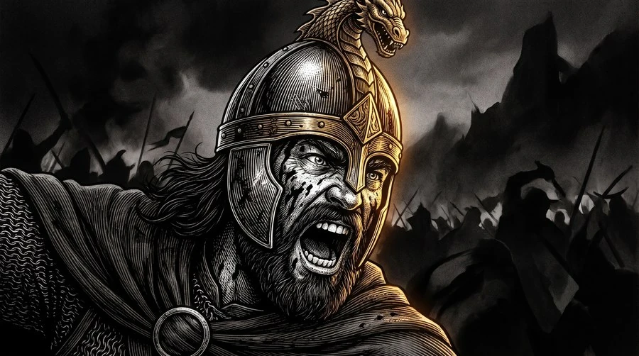 Close-up of Hurin mid-cry in his dragon-crested helm