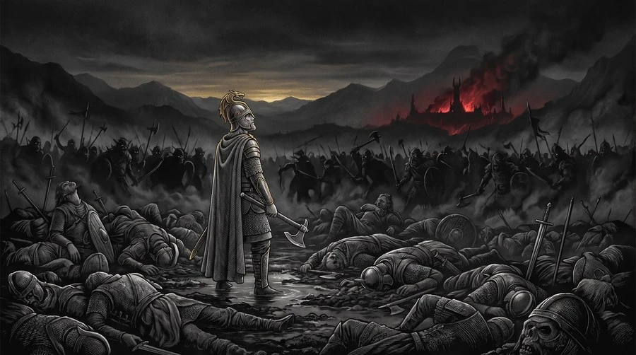 Wide pull-back: Hurin a lone standing figure among the fallen on a darkening field