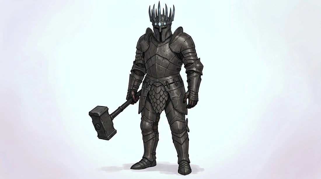 Locked reference sheet of Morgoth in his iron crown, in black armor with the hammer Grond