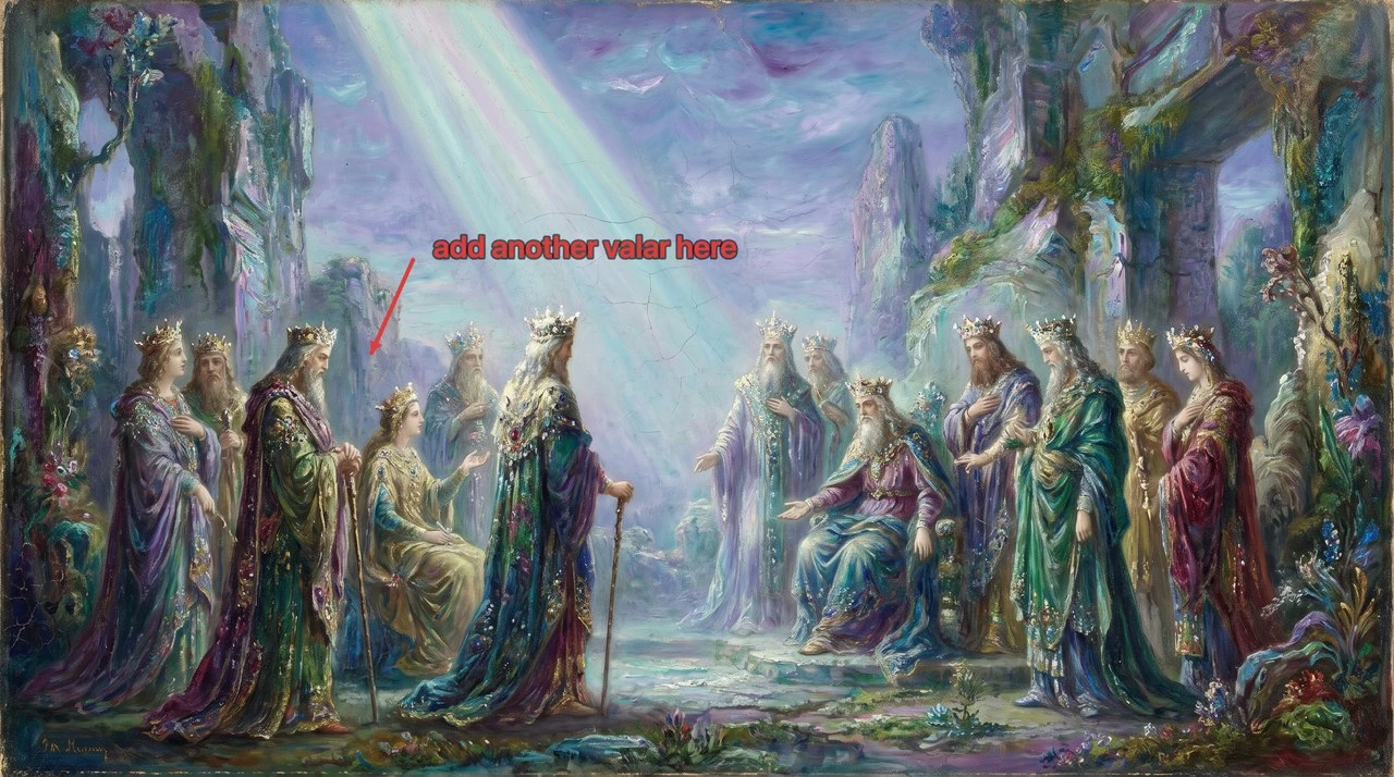 A painted council of the Valar with a hand-drawn red arrow and note reading: add another valar here