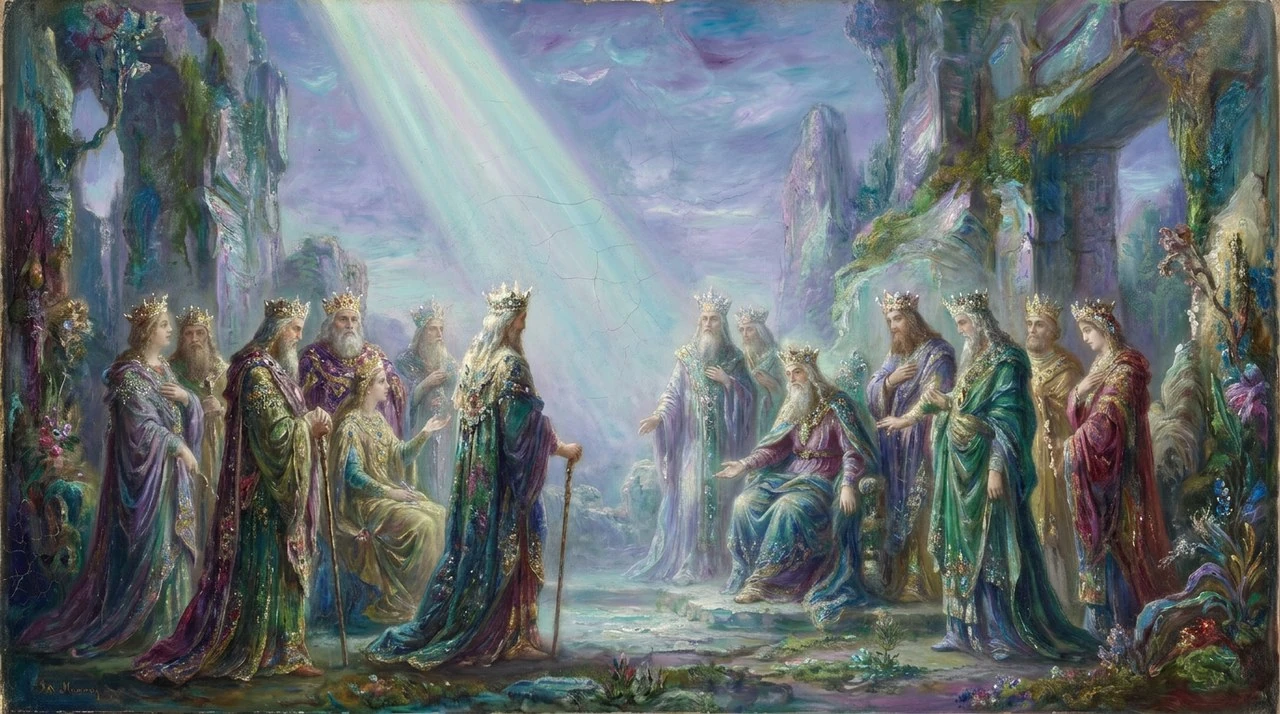 The corrected render: the same council painting with a fourteenth crowned figure added where the arrow pointed