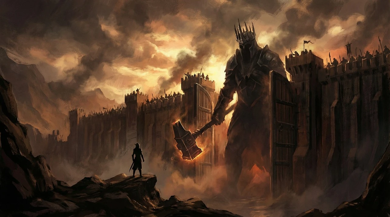 Finished episode still of Morgoth towering at the gates of Angband as Fingolfin stands before him
